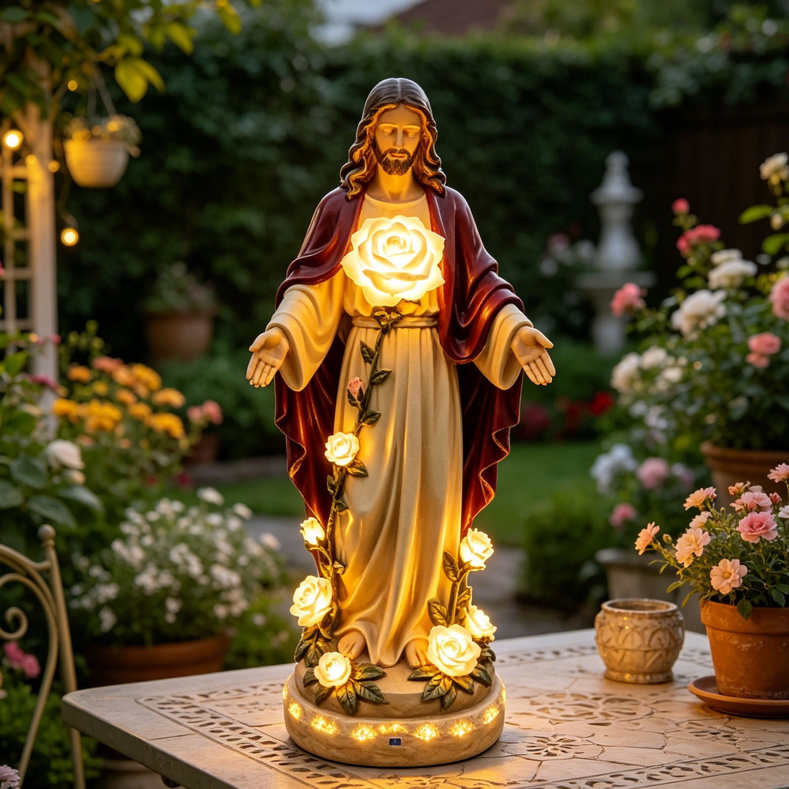 Blessed Light Of Garden Sculpture Statue With Glowing Golden Roses ...