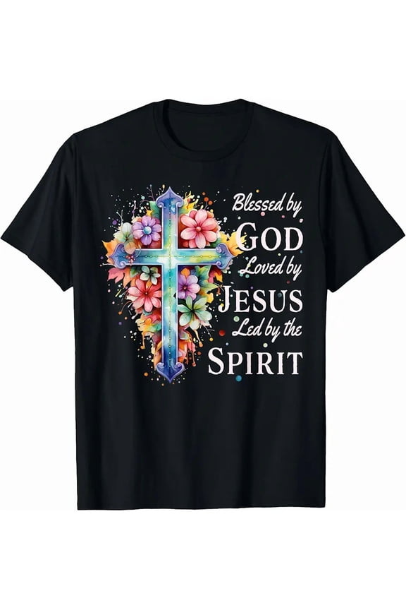 Blessed Loved By Jesus Floral Cross Christian Faith Winter Inspiration Unisex T-Shirt, up to size 5XL