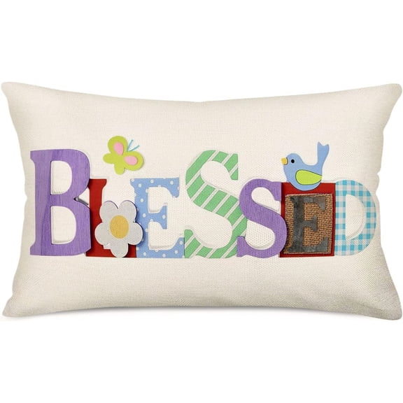 Blessed Lumbar Accent Pillow Cover 12x20 Inch Colorful Inspirational Quote Words with Flower Butterfly Bird New Home Decor Farmhouse Cushion Case for Nursery Crib Reading Room