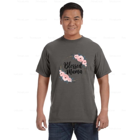 Blessed Mama Comfort Coler T-Shirt with Floral Wreath Rose Design, Unisex, up to size 4XL