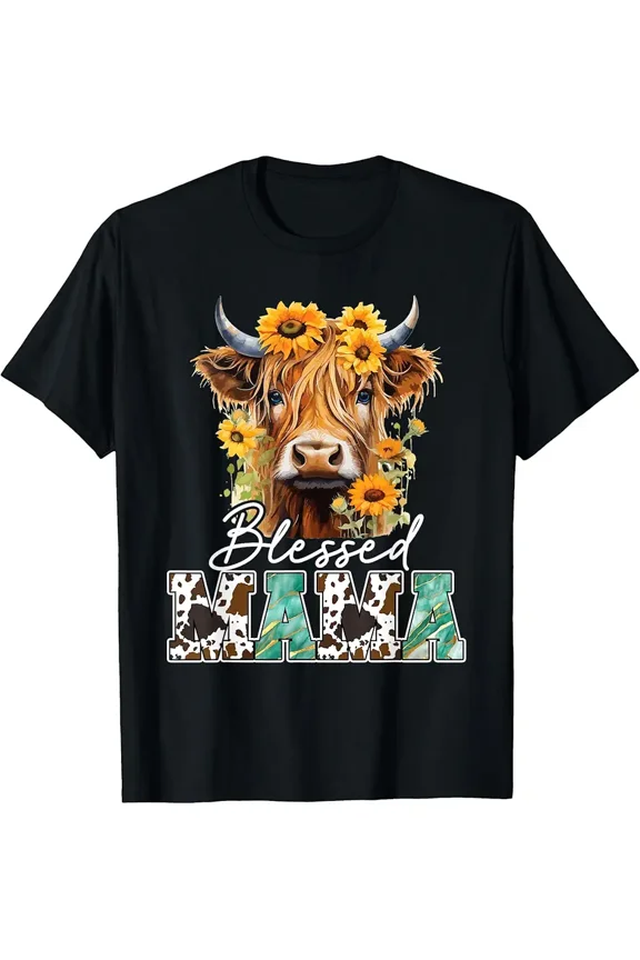 Blessed Mama Highland Cow Sunflowers Mothers Day Caring T-Shirt