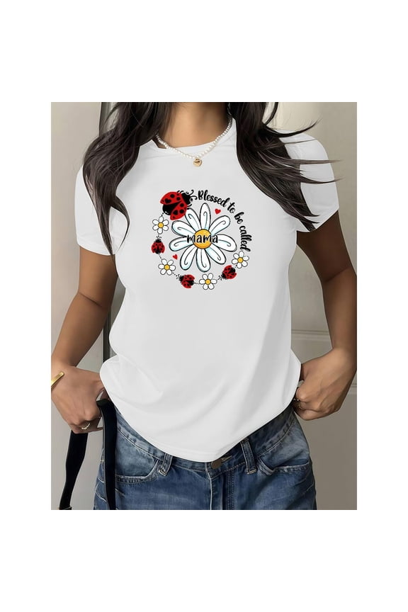 Blessed Mama Print T Shirts 'Blessed to be Called Mama' Slogan with Daisy & Ladybug Design Cotton Unisex Shirts for Daily Outfits,S-5XL