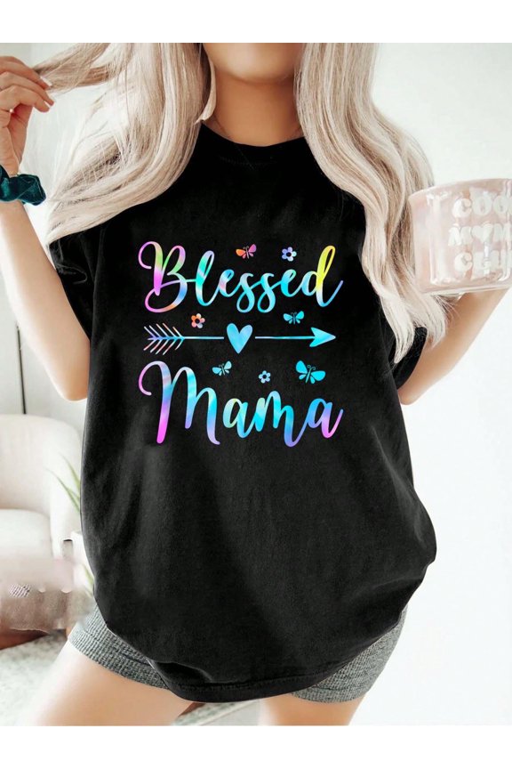 Blessed Mama Women's Graphic T-Shirt Retro Colorful Butterfly Heart Arrow Mother's Day Gift Casual Short Sleeve Tee Shirt