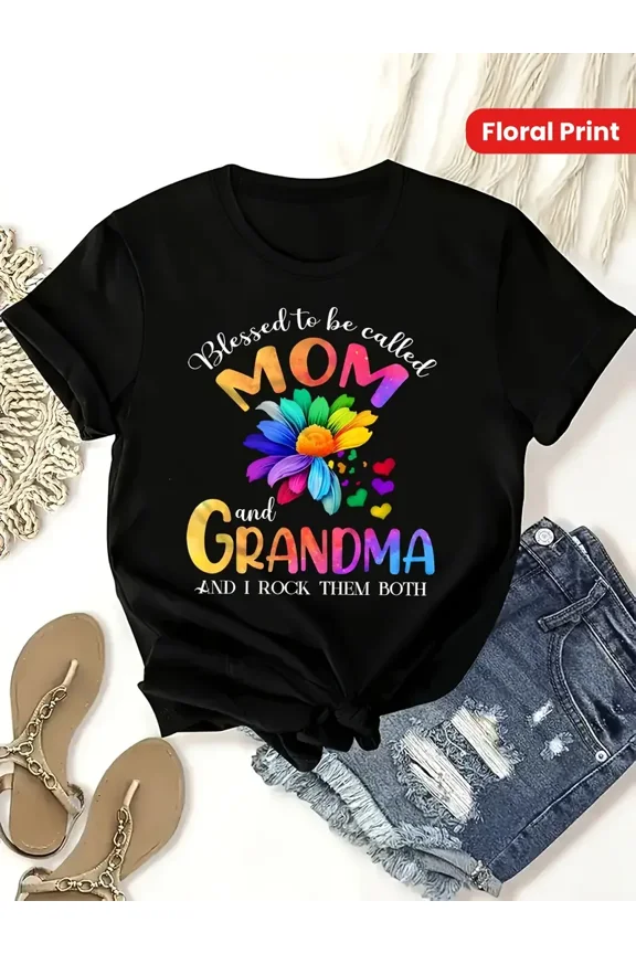 Blessed Mom Grandma Colorful Floral Graphic Women Short Sleeve Crew Neck Plus Size T-Shirt