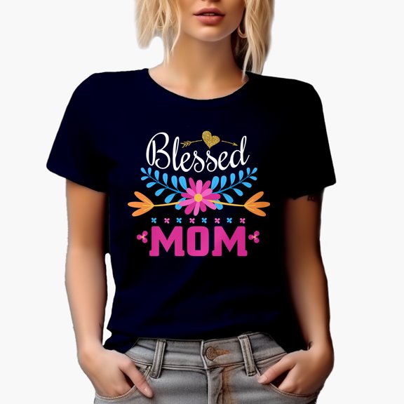 Blessed Mom, Mother's Day or Birthday, Navy Blue T-Shirt, Medium