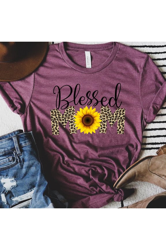 Blessed Mom Sunflower Leopard Print Women's Graphic T-Shirt Retro Casual Mother's Day Gift Tee