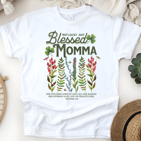 Blessed Momma Shirt – Proverbs 31:28 Clover and Floral Faith Tee, White, Size S