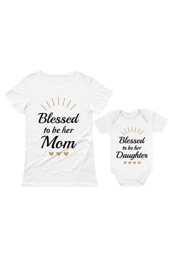 Blessed Mommy & Me Mom T-shirt & Daughter Bodysuit Matching Set For Mother's Day Mom White Medium / Daughter White Newborn (0-3M)