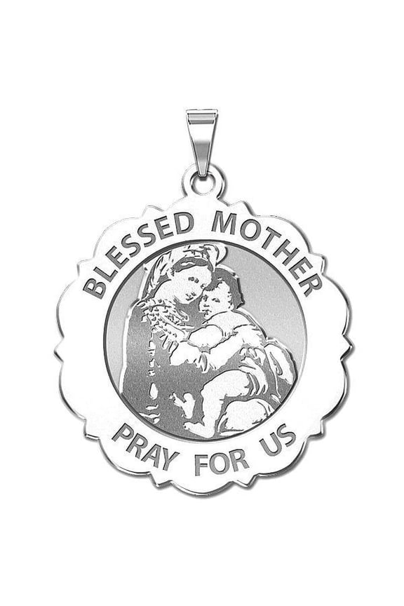 Blessed Mother Virgin Mary Religious Medal - 2/3 Inch Size of Dime, Solid 14K White Gold