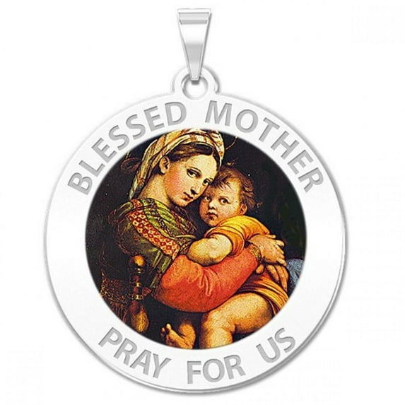 PicturesOnGold.com Blessed Mother Virgin Mary Religious Medal Unisex Female Adult Color - 3/4 inch Size of a Nickel, Solid 14K White Gold