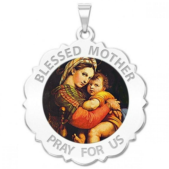 Blessed Mother Virgin Mary Scalloped Religious Medal Color 3/4 inch Sterling Silver