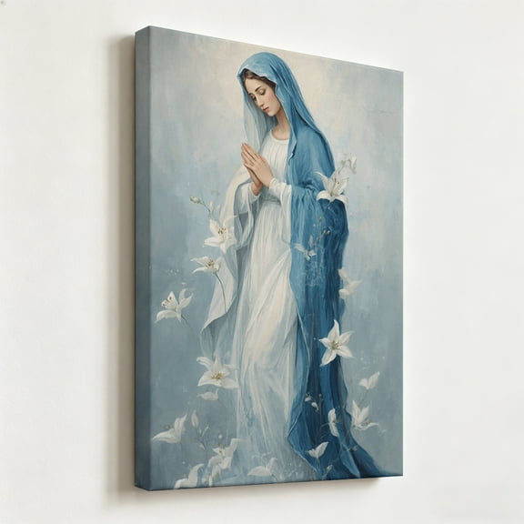 "Blessed Mother among Lilies" Devotional Canvas Art, Virgin Mary Blue Robe Painting Print, Matte Finish Gallery Wrapped Sacred Wall Decor 8*12