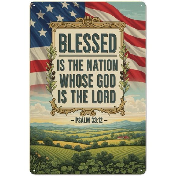 Blessed Nation Psalm 33:12 Metal Tin Wall Sign 12x8 Inch for Living Room Cafe Garage