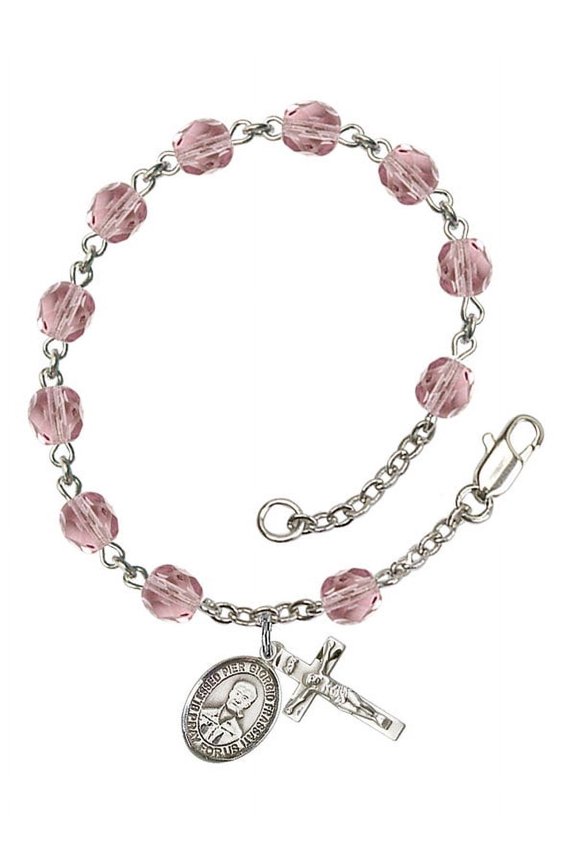 Blessed Pier Giorgio Frassati Silver Plate Rosary Bracelet 6mm June Light Purple Fire Polished Beads Crucifix 5/8 x 1/4