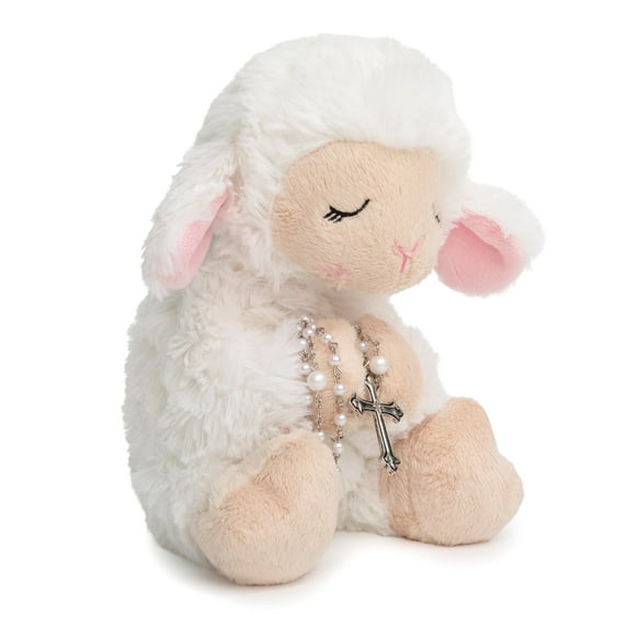 Blessed Plush Lamb 8.5 inches with Rosary Set for First Communion, Christening, Baby Baptism Gifts for Girl, Baptism Gifts for Boys from Parents, Grandparents, Godparents