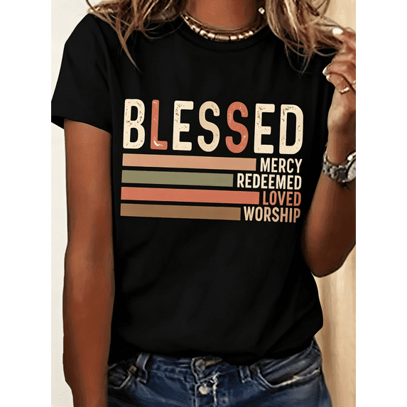 Blessed Positive Words Letter T-Shirts for Women Sleeve Basic Tees Shirts Holiday Women'S Clothes