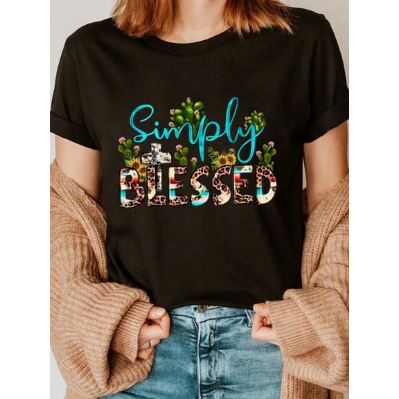 Blessed Print Crew Neck T-Shirt, Casual Short Sleeve T-Shirt