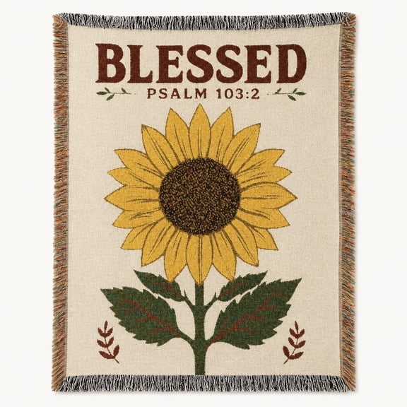 Blessed Psalm 103:2 Sunflower Woven Cotton Throw Blanket with Fringe