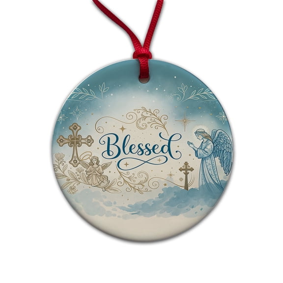 Blessed Religious Angel Blue White Christmas Tree Holiday Round Ceramic Ornament