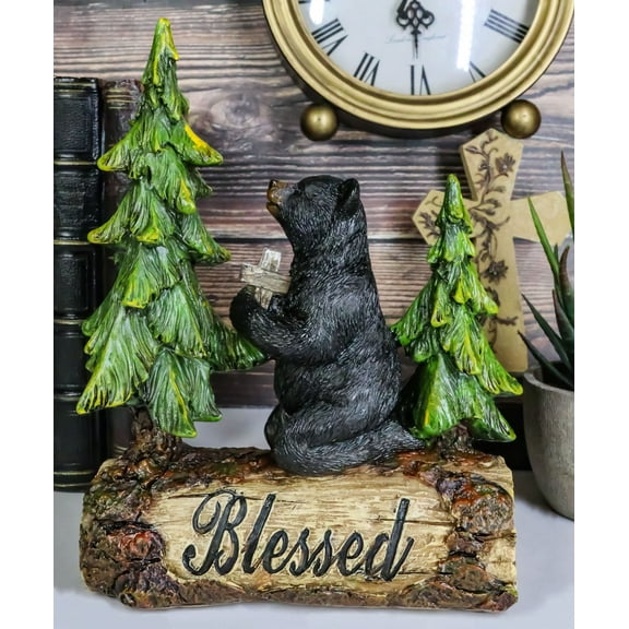 Blessed Rustic Western Black Bear Kneeling On Log by Pine Trees Praying Statue