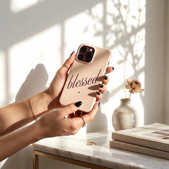 Blessed Script Tough iPhone Case – Dual-Layer Protective Cover, Blush Minimalist Inspirational Design
