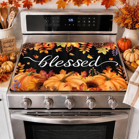 Blessed Stove Top Cover for Electric Stove, Fall Pumpkins Range Covers, Thanksgiving Kitchen Range Top Mats, Fall Leaves Glass Cooktop Covers 28x20 inch, Vintage Cooktop Cover for Kitchen Home Decor