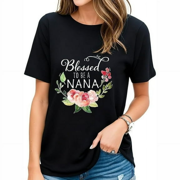 Blessed To Be A Nana With Pink Flowers Women's Plus Size T Shirt Black