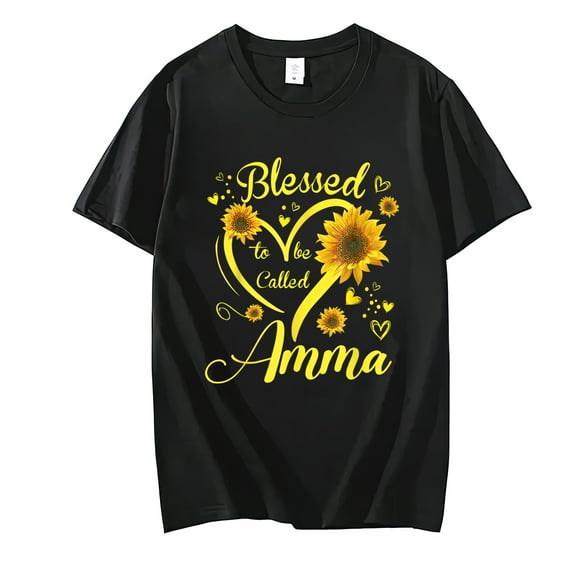 Blessed To Be Called Amma Sunflower Mother's Day T-Shirt Casual Short Sleeve Round Neck Tops T-shirts