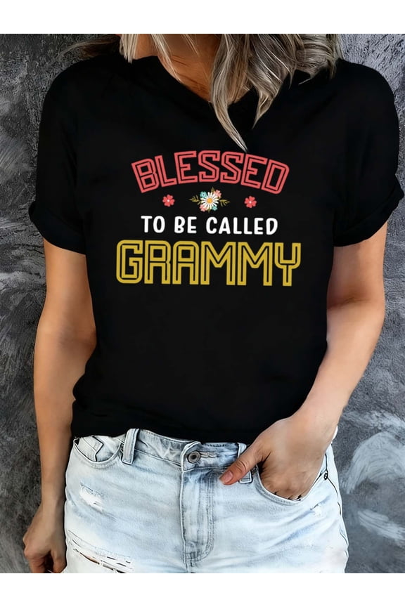 Blessed To Be Called Grammy Women's Retro Floral Graphic T-Shirt Casual Short Sleeve Grandmother Gift Top Black