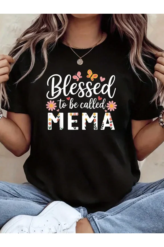 Blessed To Be Called Mema Women's Short Sleeve T-Shirt Floral Butterfly Graphic Tee Grandmother Mother's Day Gift Casual Soft Apparel