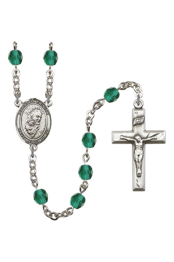 Blessed Trinity Silver-Plated Rosary 6mm December Blue Fire Polished Beads Crucifix Size 1 3/8 x 3/4 medal charm