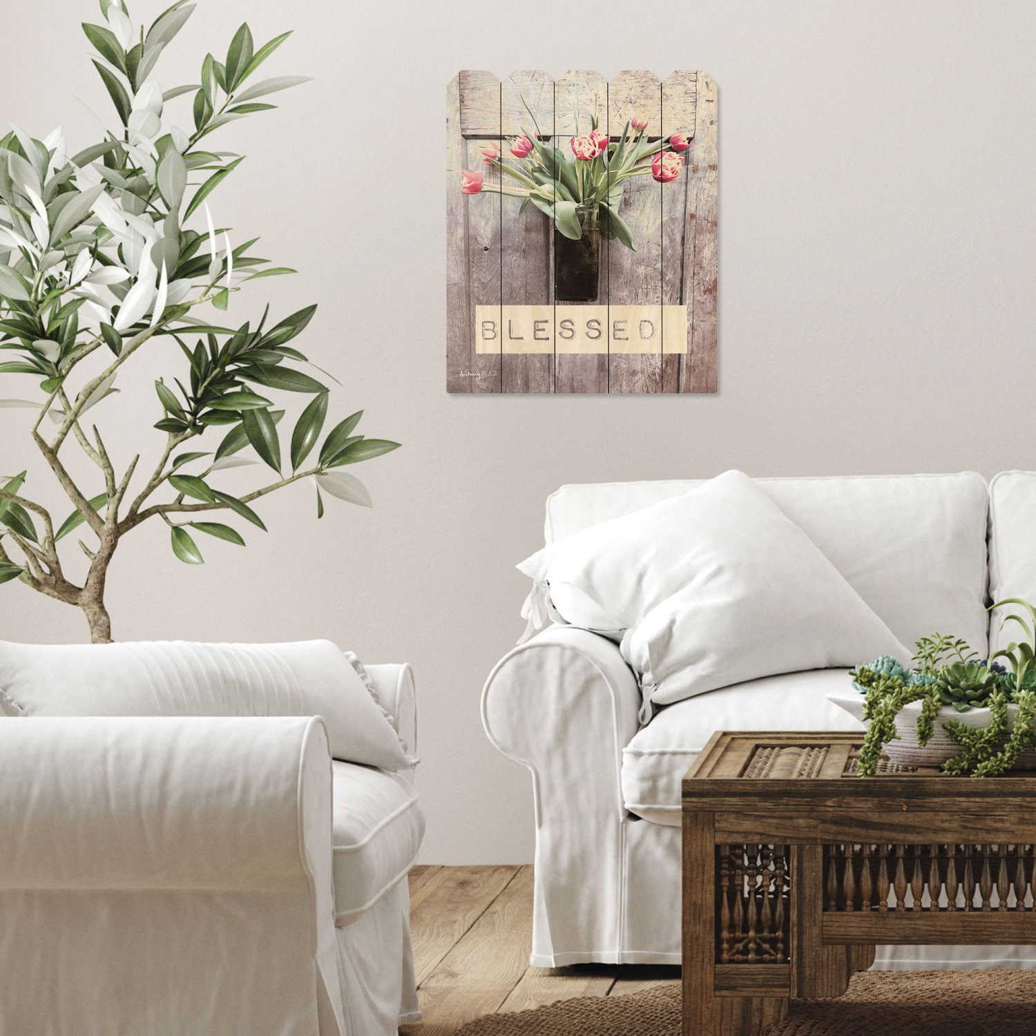 ”Blessed Tulips” Exquisite Floral Print on Rustic Wooden Picket Fence