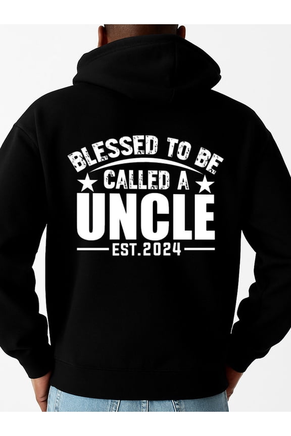 Blessed Uncle 2024 Funny Men's Hooded Sweatshirt - Black, Winter Casual, Everyday/Formal, Vintage Christian, Elastic Fabric