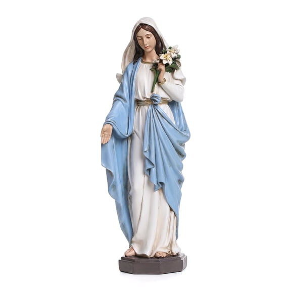 Blessed Virgin Mary Statue, 10 Inch Hand Painted Madonna with Lilies, Renaissance Style Resin Catholic Figurine for Home Decor