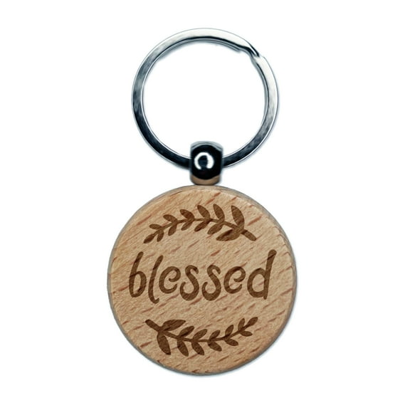 Blessed Wheat Strands Round Keychain Charm Tag - Engraved Wood