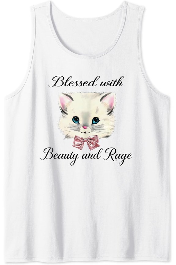 Blessed With Beauty And Rage Cute Lovely Cat Face Ribbon Tank Top Size S-3XL