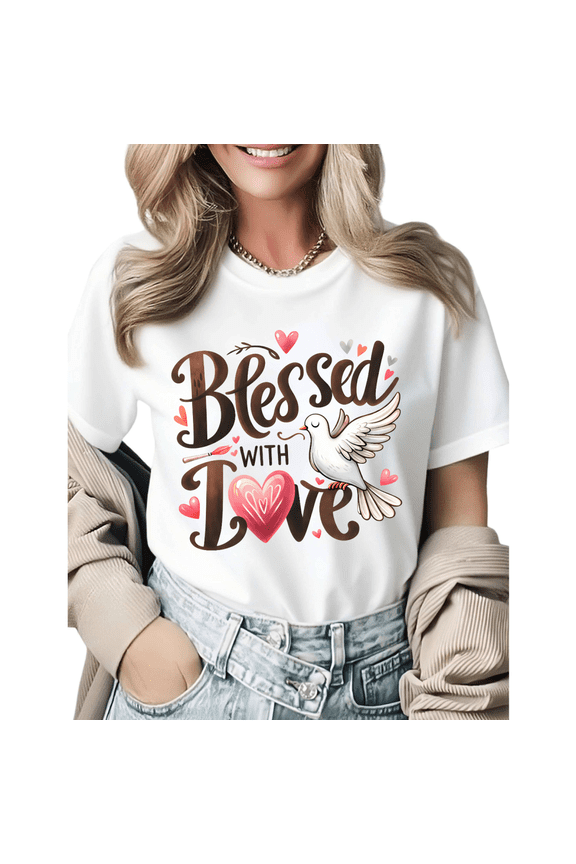 Blessed With Love Peace Dove Christian Graphic Tees Womans Tshirt Shirts Black White S-5XL Tops