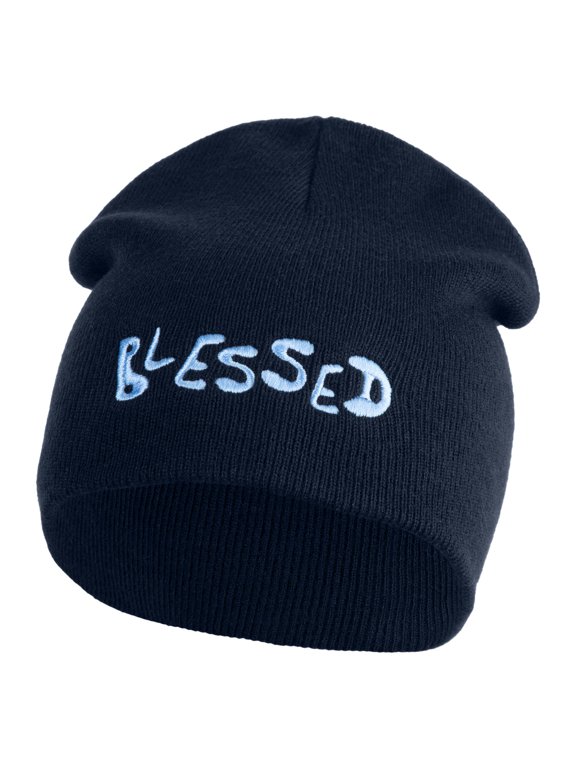 Blessed Wordmark Embroidered 8" Acrylic Short Blank Beanie - Navy OSFM