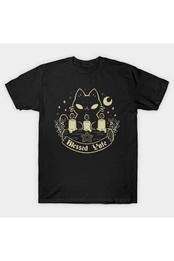Blessed Yule Black Cat Pagan Winter Solstice Holiday Artwork Print, H6815 Unisex T-Shirt, Up to 5XL Available