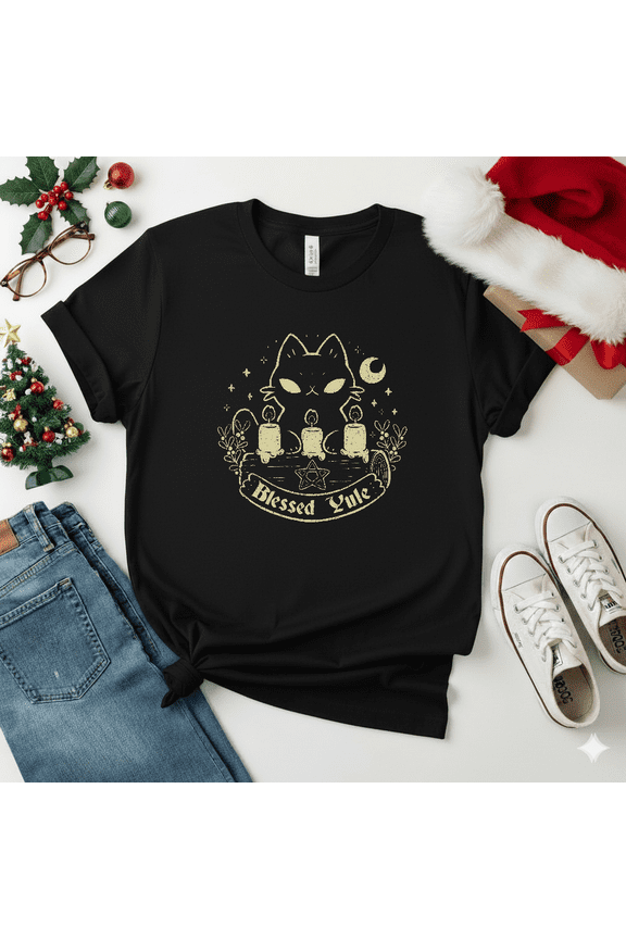 Blessed Yule Black Cat Pagan Winter Solstice Holiday Unisex T-Shirt V14141, S-5XL