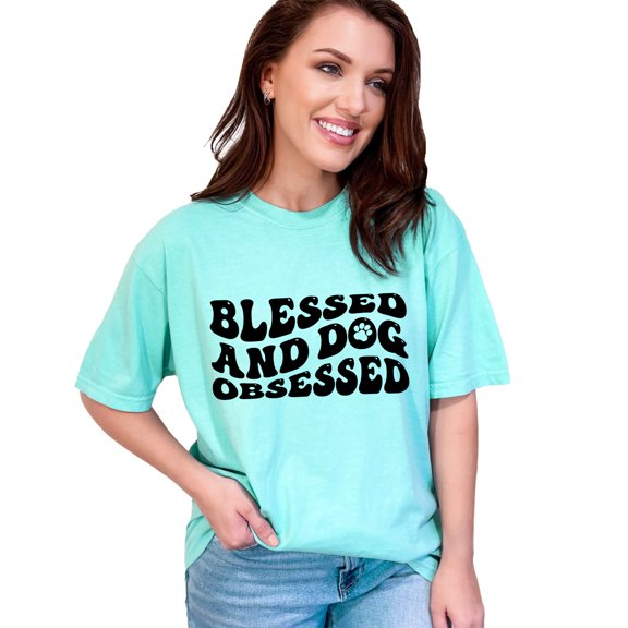 Blessed and Dog Obsessed, Pet Lover, Owner or Parent Quote, Groovy Retro Wavy Text , Chalky Mint Comfort Colors T-Shirt, Large