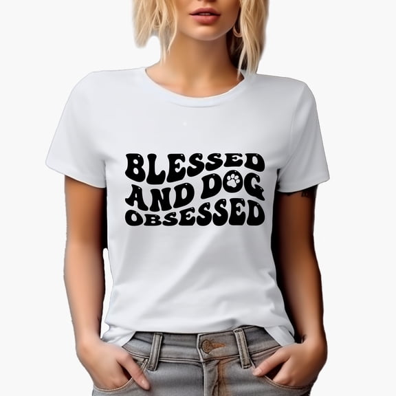 Blessed and Dog Obsessed, Pet Lover, Owner or Parent Quote, Groovy Retro Wavy Text Merch Gift, White T-Shirt, Large
