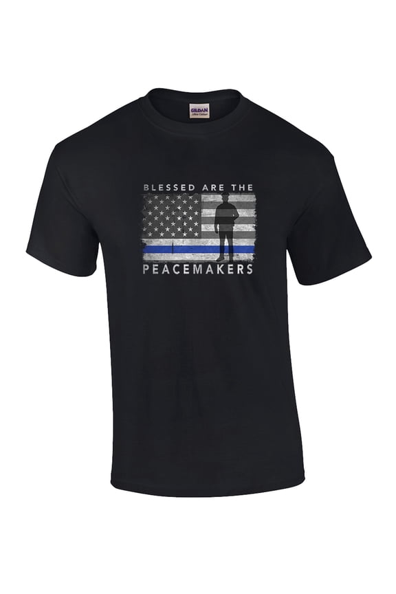 Blessed are The Peacemakers Thin Blue Line American Flag Short Sleeve T-shirt-Large