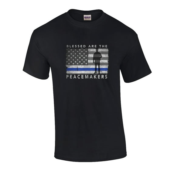 Blessed are The Peacemakers Thin Blue Line American Flag Short Sleeve T-shirt-Mediu