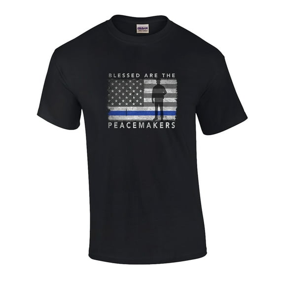 Blessed are The Peacemakers Thin Blue Line American Flag Short Sleeve T-shirt-Small