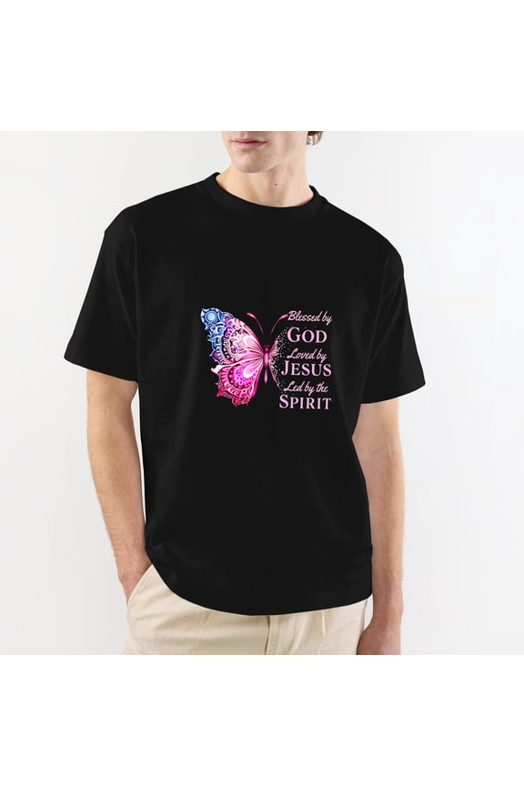 Blessed by God Loved by Jesus Butterfly Black Cotton T-Shirt XL