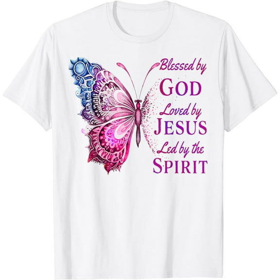 Blessed by God Loved by Jesus Pink Butterfly Christian T-Shirt