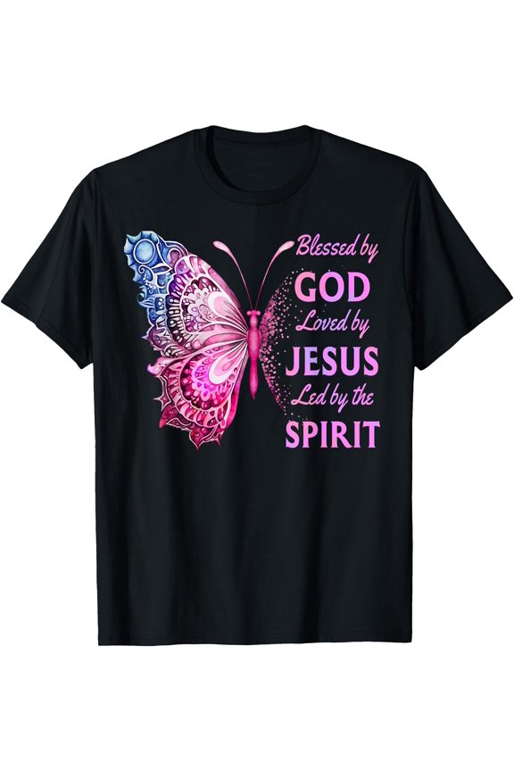 Blessed by God Loved by Jesus Pink Butterfly Christian T-Shirt