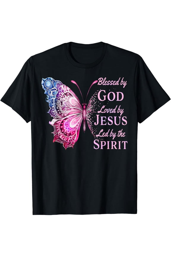 Blessed by God Loved by Jesus Pink Butterfly Faith Graphic Unisex Short Sleeve T-Shirt For Christian Women Religious Believers