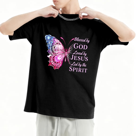 Blessed by God Loved by Jesus Pink Butterfly Shirt 𝓴𝓲𝓭𝓼 Black T-Shirt,S